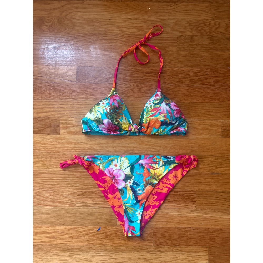 Banana Moon Tropical Floral Triangle Bikini Set Turquoise Pink Orange Size 40
